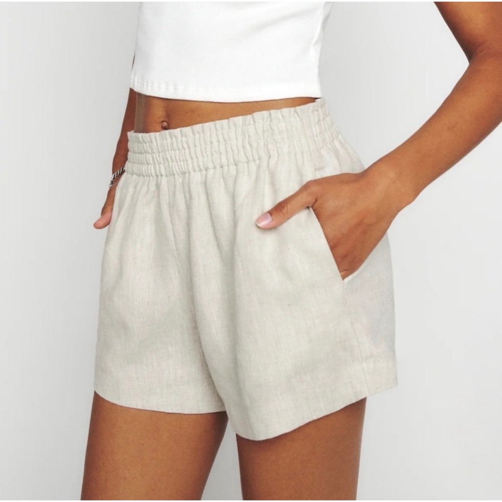 Reformation Mila Linen Shorts Oatmeal Elastic Waist Pockets - Small